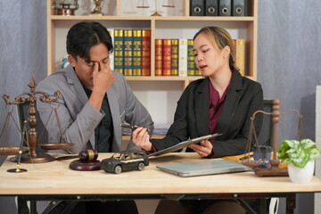 Meeting of lawyers, consultants, government assistance, businessman and male lawyer or judge consult with team meeting with clients at office