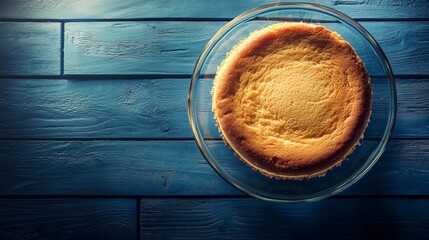 Top view of Vanilla sponge cake in transparent plate on a blue brick wall background, hyper realistic photo with high quality