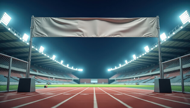 Horizontal banner mockup. Empty overhead banner mockup on race track in illuminated arena under night sky with stadium lights and cheering audience for competition promotion