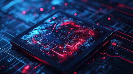 Cartoon tablet with a cracked screen and glitchy visuals