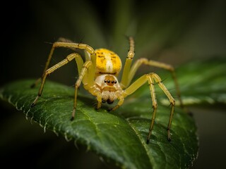 Closeup of a Yellow Spider on a Green Leaf
