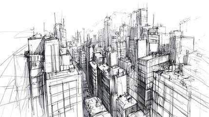 Fototapeta premium Architectural drawing showcasing a cityscape rendered in black and white with loose expressive linework creating a sense of depth and perspective.
