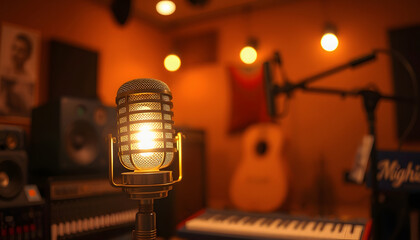 A vintage microphone illuminated by warm ambient lighting in the foreground of a music studio, mindfulness theme, with white tones