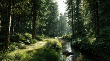 Obraz premium Sunlight streams through a dense, tranquil forest.