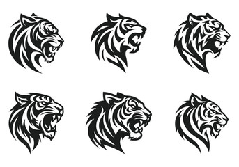 A tiger head logo and tattoo on a white background that is completely silhouetted. Wild animal.