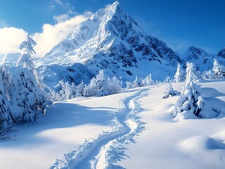 Fototapeta premium Pristine winter landscape with snow capped mountain peak and ski tracks