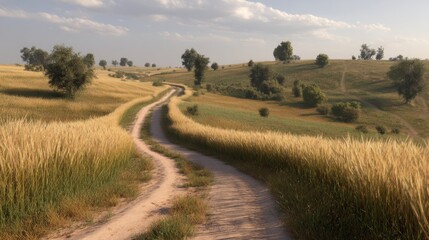 Obraz premium Winding country road through golden fields under a summer sky.