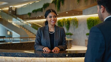 A professional african receptionist greets a male client at a polished marble desk in a lush modern lobby. Concept of premium hospitality service and personalized guest experience.
