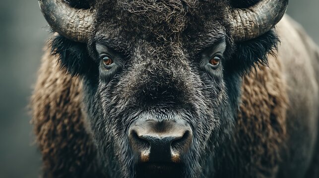 A close-up portrait of a large brown bison with its intense eyes staring directly at the camera