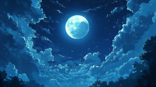 Dramatic moonlit night sky with drifting clouds in an aesthetic anime art style