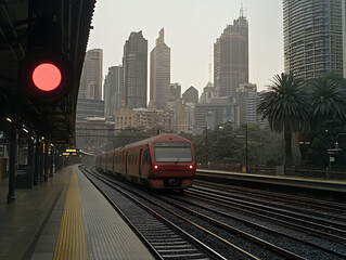 Fototapeta premium Red train waits at a station platform with a skyline of skyscrapers in the hazy distance.