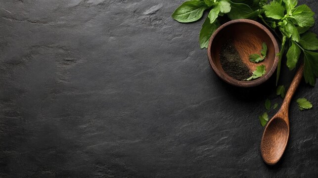 Dark stone surface with herbs and spices. Wooden bowl and spoon with culinary ingredients.  A top view food preparation background