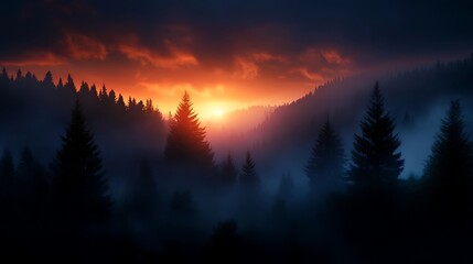 Obraz premium Majestic sunset over a misty mountain forest.