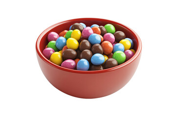 A vibrant bowl overflowing with colorful chocolate candies, a delightful treat perfect for sharing happiness and sweet moments, in a glossy red bowl against a clean white background.
