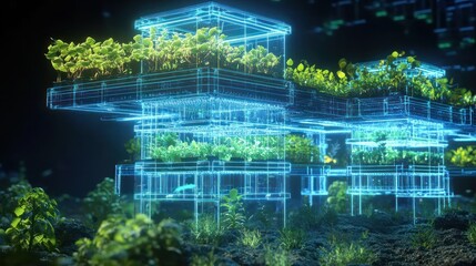 Fototapeta premium Futuristic vertical farm, digital blueprint, night