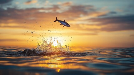 Fish jump captured in radiant light of sunset over calm water