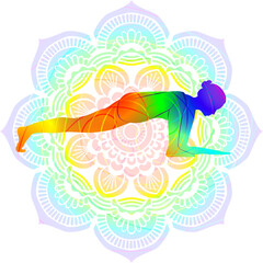 Colorful silhouette of woman practicing Uttana Pristhasana yoga pose. Lizard yoga pose. Intermediate Difficulty. Isolated vector illustration