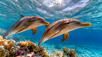 Two dolphins swim over coral reef
