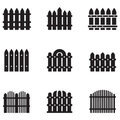 Fence icons set isolated on white background. Garden fence icons set. Outline set of garden fence Vector Black silhouettes icons