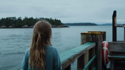 Fototapeta premium Young girl contemplates the tranquil harbor.
