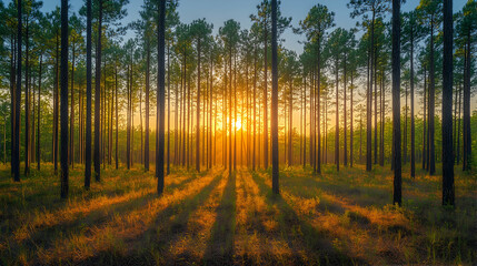 Golden sun streams through towering trees in a dense forest casting shadows on the grassy ground and creating a serene