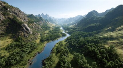 Mountainous valley with a winding river.