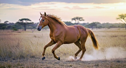 Obraz premium A stunning Mangalarga Marchador stallion gallops with power and grace across the vast Brazilian savanna (Cerrado) as the sun sets, casting a warm glow.