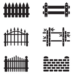 Fence icons set isolated on white background. Garden fence icons set. Outline set of garden fence Vector Black silhouettes icons