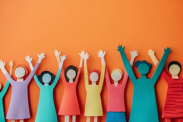 Happy Diverse Women Hands Up Orange Background
