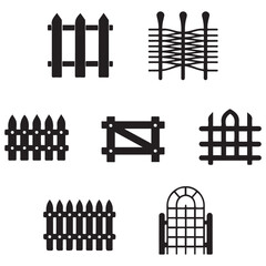 Fence icons set isolated on white background. Garden fence icons set. Outline set of garden fence Vector Black silhouettes icons