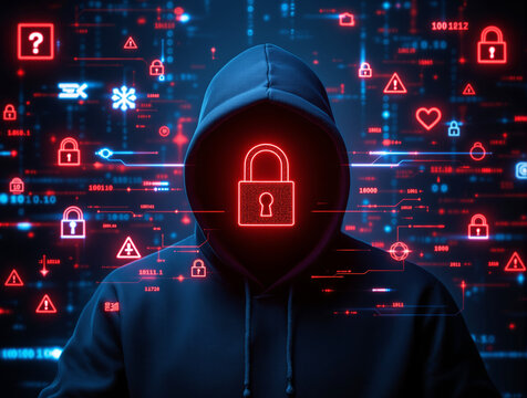 Hooded figure with red padlock face icon and cybersecurity symbols on glowing tech background, symbolizing hacking, data protection, and cyber threats. Ai generative