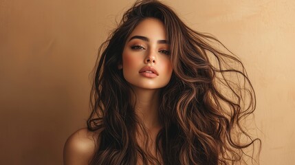 Naklejka premium A captivating woman with long flowing hair poses effortlessly against a warm backdrop. Her expression exudes confidence, highlighting her natural beauty and charm in this artistic composition