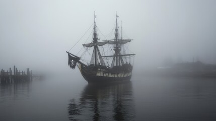A majestic pirate ship shrouded in a dense fog.