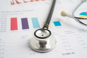 Stethoscope on chart paper, Financial, account, statistics and business data medical health.