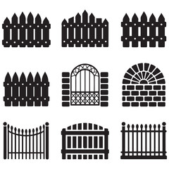 Fence icons set isolated on white background. Garden fence icons set. Outline set of garden fence Vector Black silhouettes icons