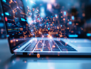 Laptop keyboard with floating binary code and glowing hexagonal data symbols, futuristic tech style on a blurred blue background. Concept of digital coding. Ai generative