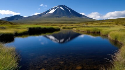 Majestic volcano reflected in serene lake. Lush green grass surrounds tranquil water. Snow-capped peak dominates the backdrop