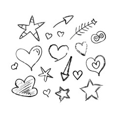 Cute line sketch star, arrow, heart decoration element icon set. Hand drawn sketch doodle cute star, emphasis, flower element. Pen line text decoration shape icon. Hand drawn vector illustration.