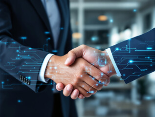 Two businessmen shaking hands with glowing tech circuit overlay, futuristic digital style, office background, concept of digital partnership. Ai generative