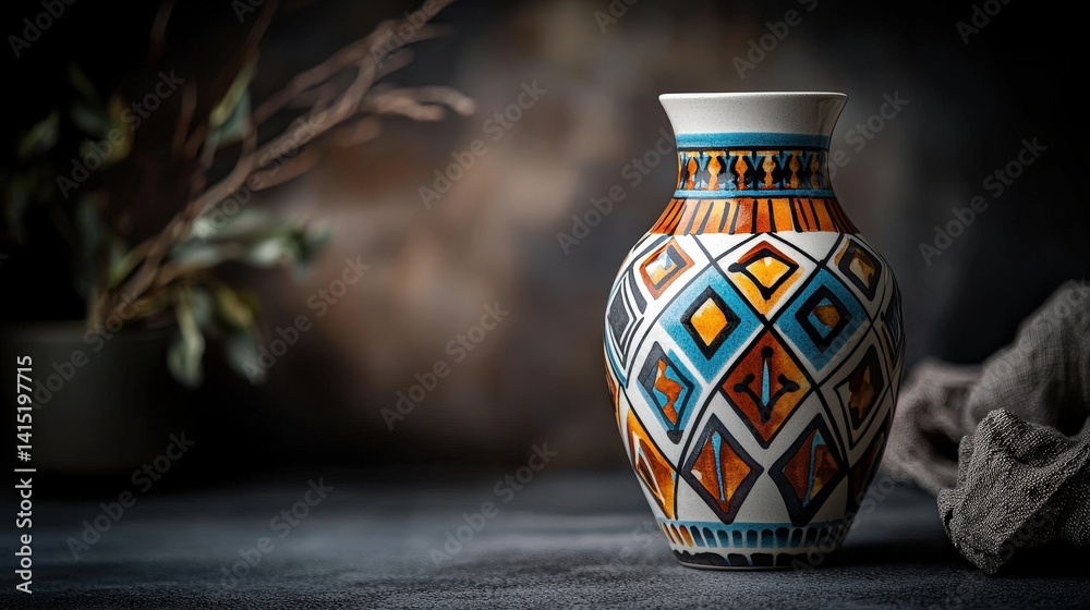 Poster artistic ceramic vase with colorful patterns studio setting still life photography modern aesthetic 