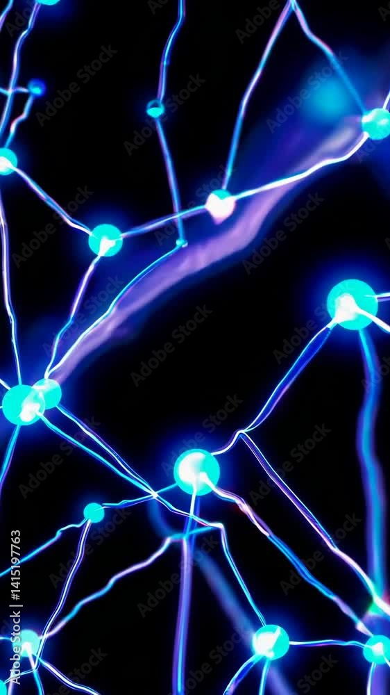 Poster dynamic neural network connections evolving in glowing blue circuitry visualization