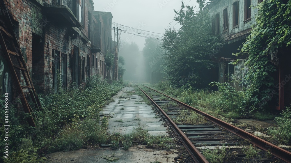 Poster plants are growing between the rails of an abandoned railway track disappearing into a foggy forest 