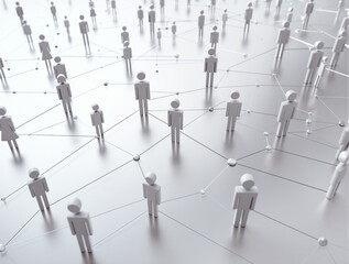 Minimal white human figures connected with lines and dots on a light background, abstract tech background concept of social network and digital communication. Ai generative