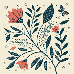 Botanical doodle background art vector set. Flower and leaves abstract shape doodle art design for print, wallpaper, clipart, wall art for home decoration 