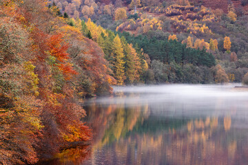 Loch Faskally’s calm waters mirror a rich tapestry of late autumn foliage under soft mist, nestled in the Highland forests near Pitlochry, Perth and Kinross