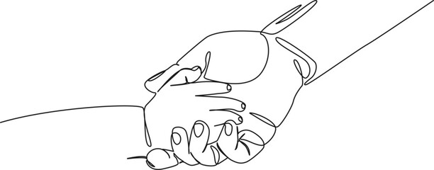 continuous single line drawing of childs hand in parents hand, line art vector illustration