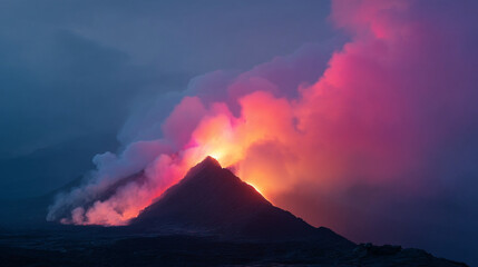 Fototapeta premium Volcanic eruption at night with colorful smoke and lava flow scenic landscape volcano nature travel
