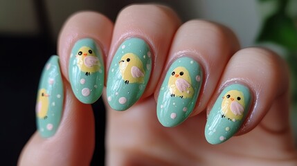 Cute Yellow Bird Nail Art Design on Mint Green Background