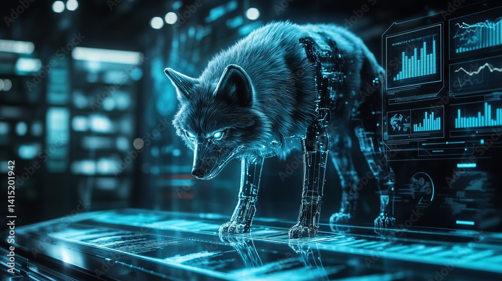 Poster A captivating robotic wolf stands in a futuristic business environment, surrounded by glowing data displays and digital graphs. This advanced creation symbolizes innovation and technology