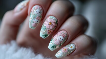 Beautiful Spring Nail Art with Floral and Bunny Decorations